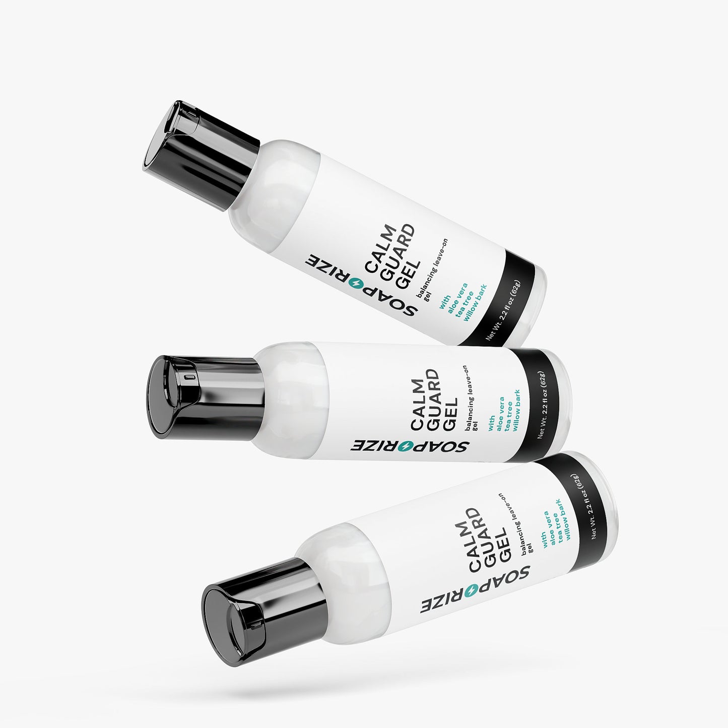 Three CalmGuard Gel bottles by Soaporize - natural solution for armpit smell with aloe, willow bark and tea tree