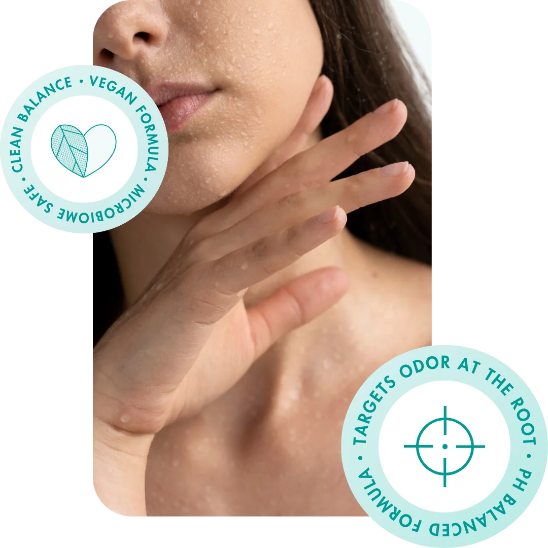 Woman touching neck and armpit area after using natural body odor treatment for sweat-prone skin and underarm smell