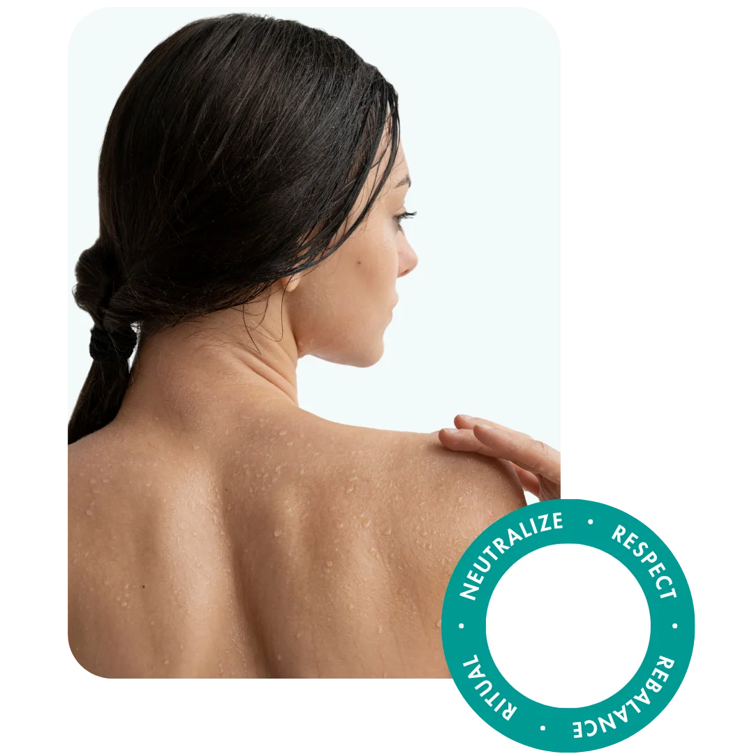 Woman with wet skin showing back and shoulder after using body odor treatment skincare for armpit smell and sweat-prone areas