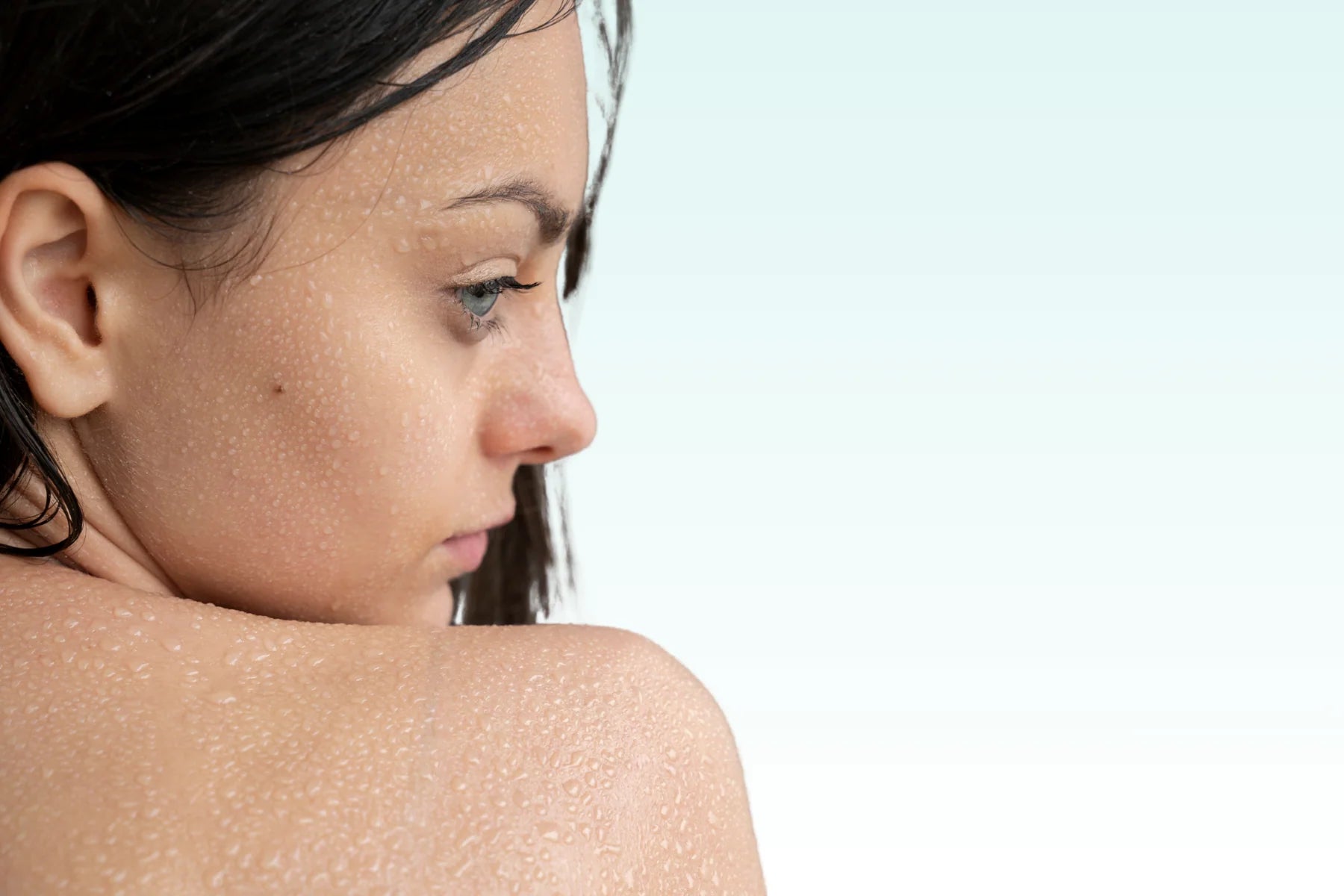 Woman with clean, sweaty skin after natural body odor treatment for sweat-prone areas