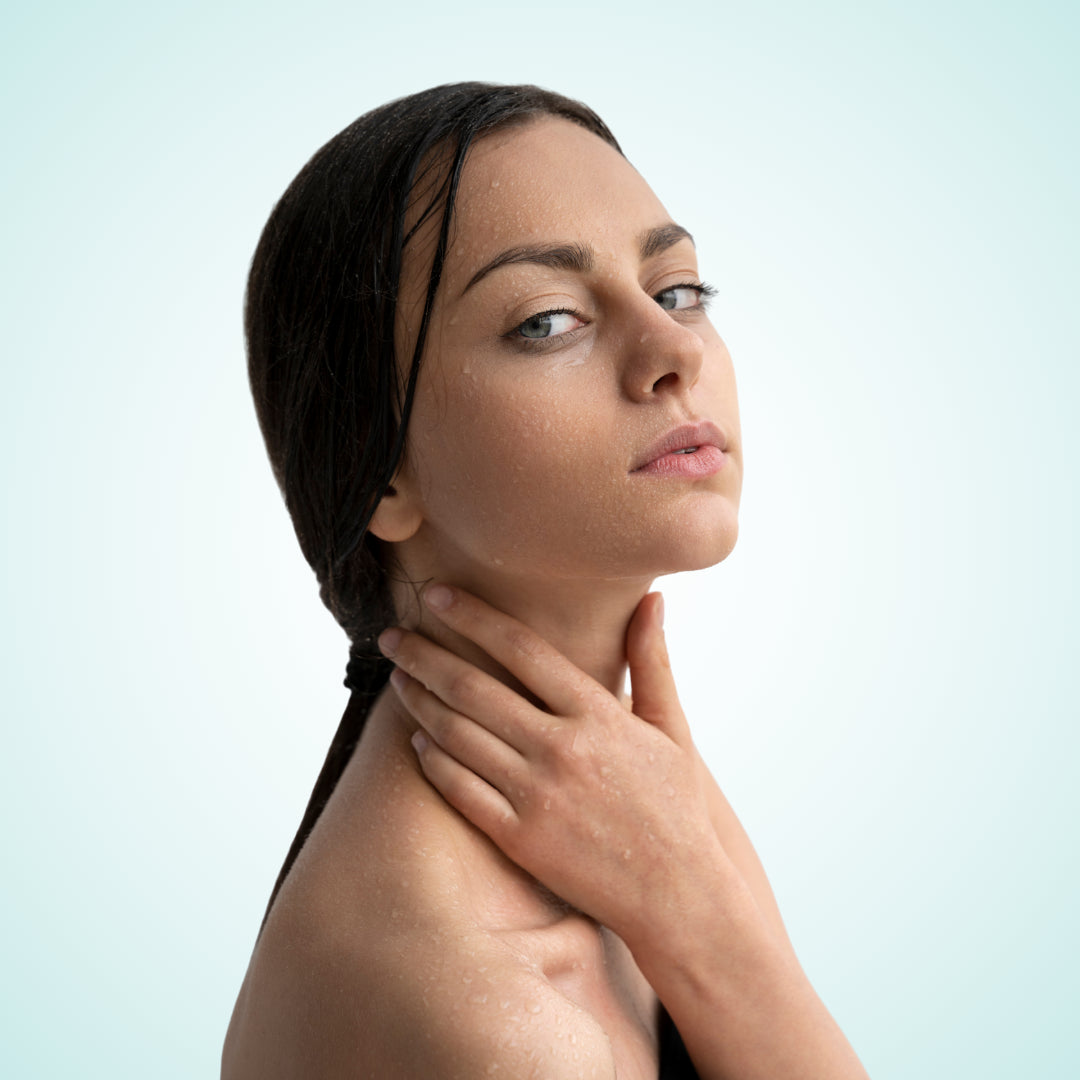 Close-up of a woman with clean, dewy skin after following the Soaporize daily ritual for balanced and fresh-feeling skin