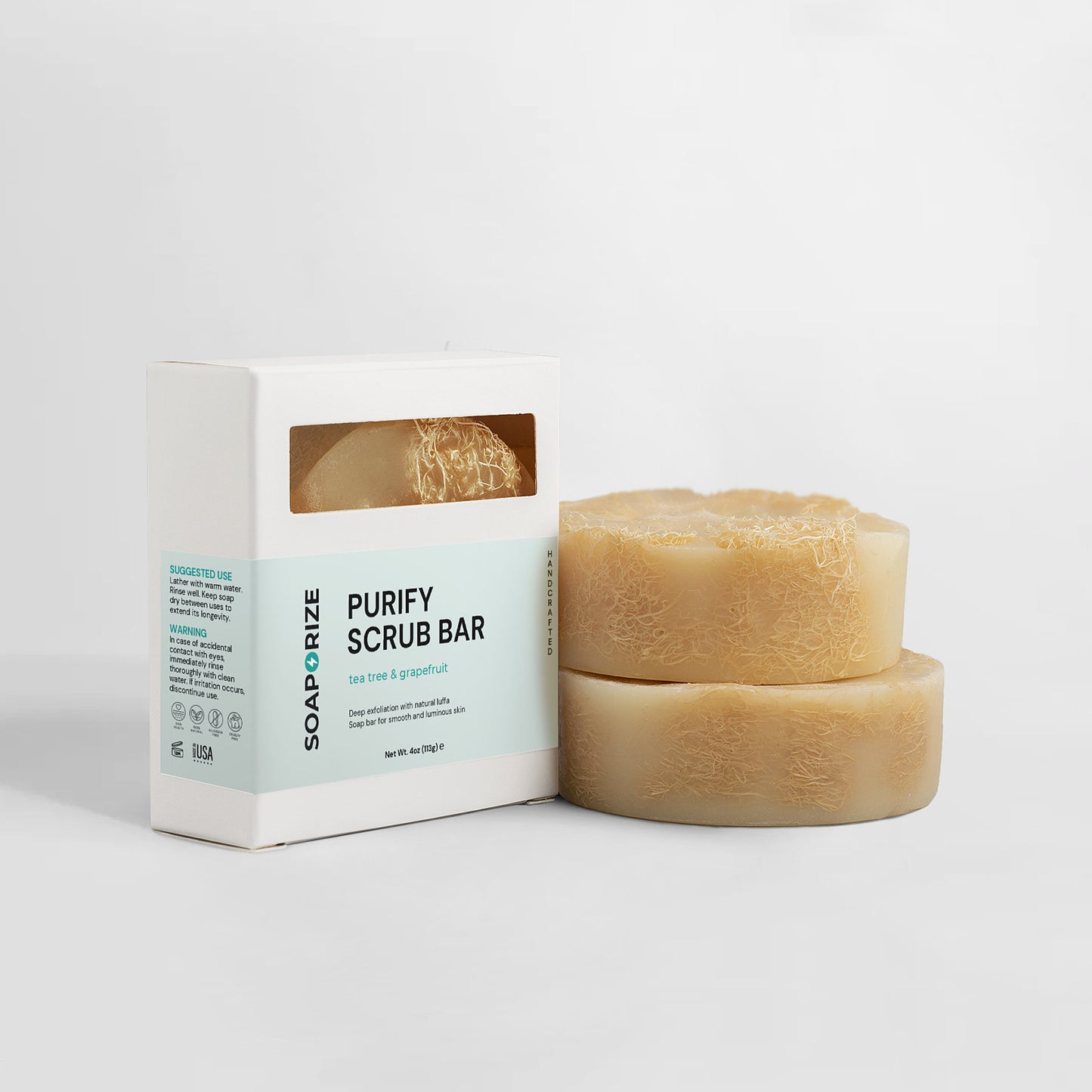 Soaporize Purify Scrub Bar: gentle exfoliating cleansing action designed to refresh and care for odor-prone skin