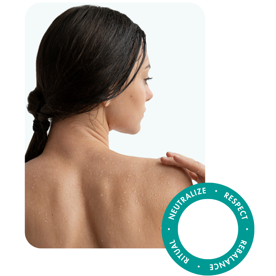 Back view of a woman touching her shoulder after rinsing – with a circular design element reflecting Soaporize’s ritual approach
